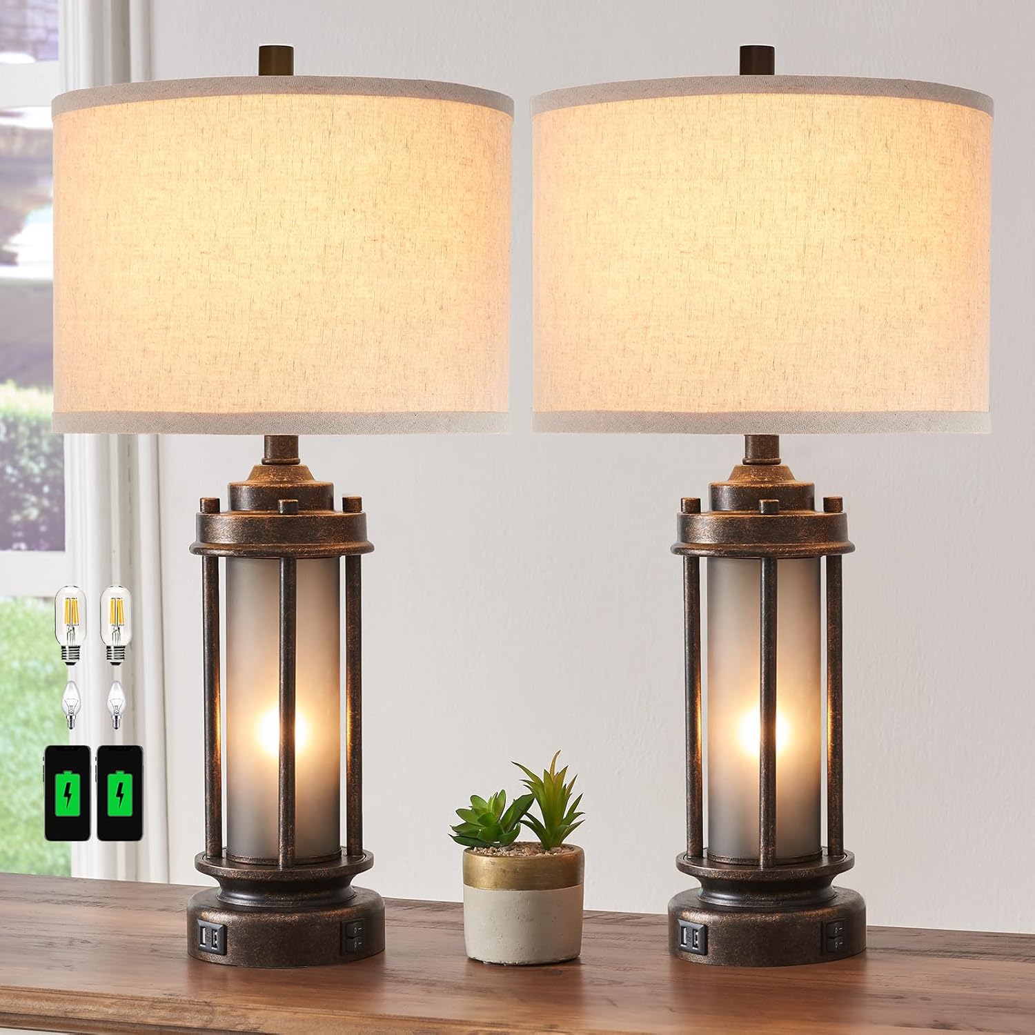 거실용 USB 충전 포트가 있는 농가 스타일 램프 2개 - Solar Lamp 리뷰 및 가격